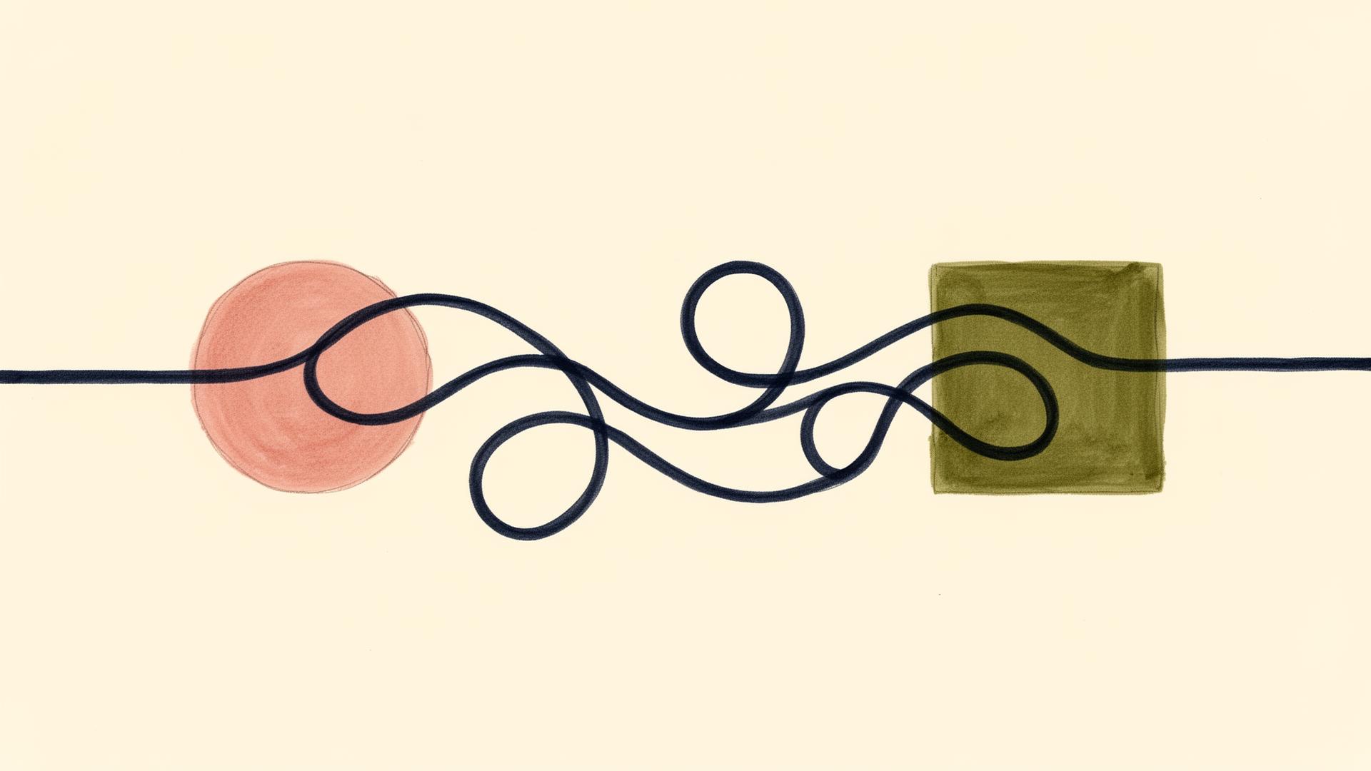 A continuous navy ink line looping through a soft rose circle and an olive square — abstract memory thread illustrating Claude as the ledger of a personal AI health journal.