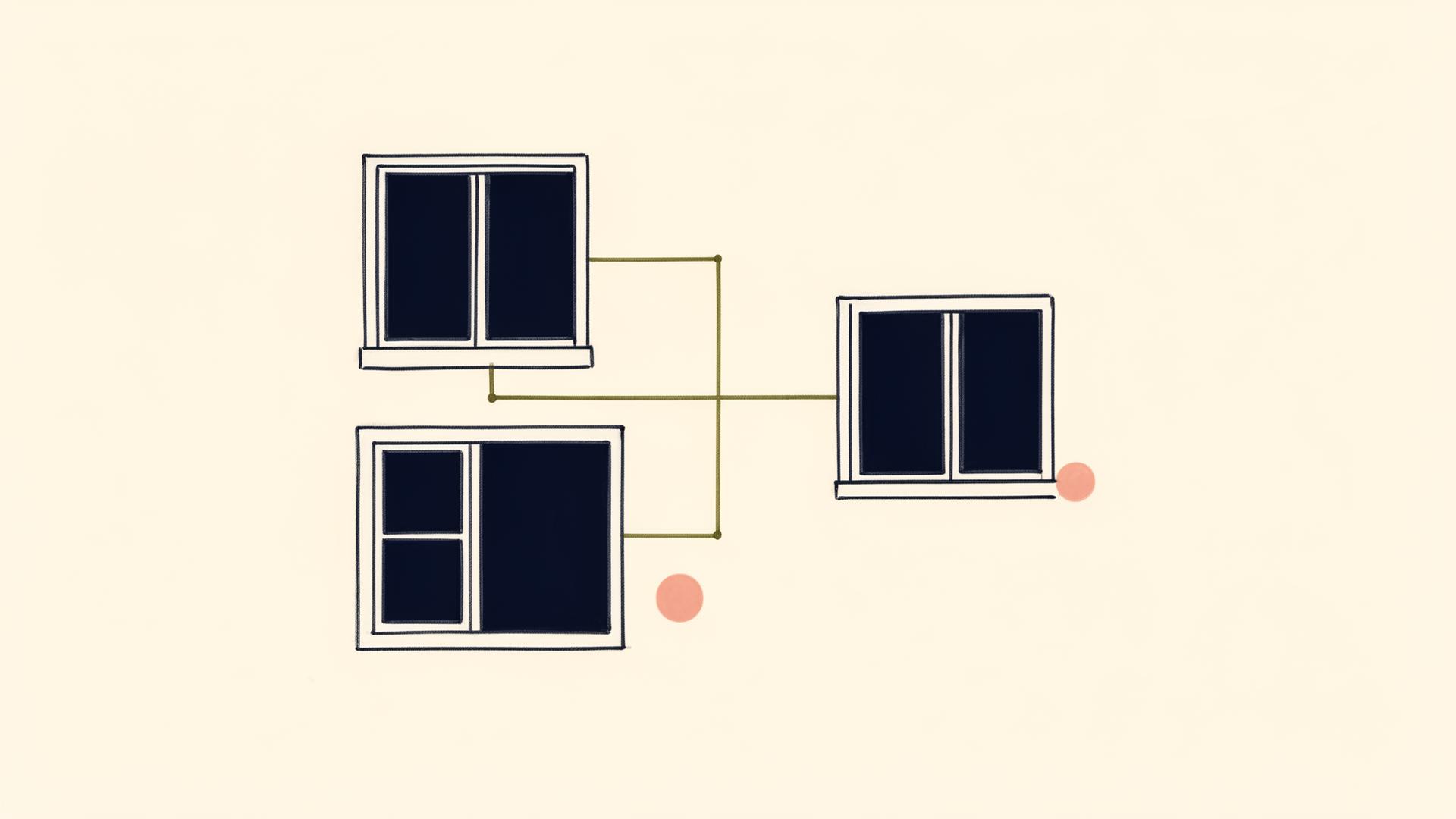 Three navy windows in an asymmetric grid connected by olive lines with a small rose accent — abstract architecture of a personal health operating system.
